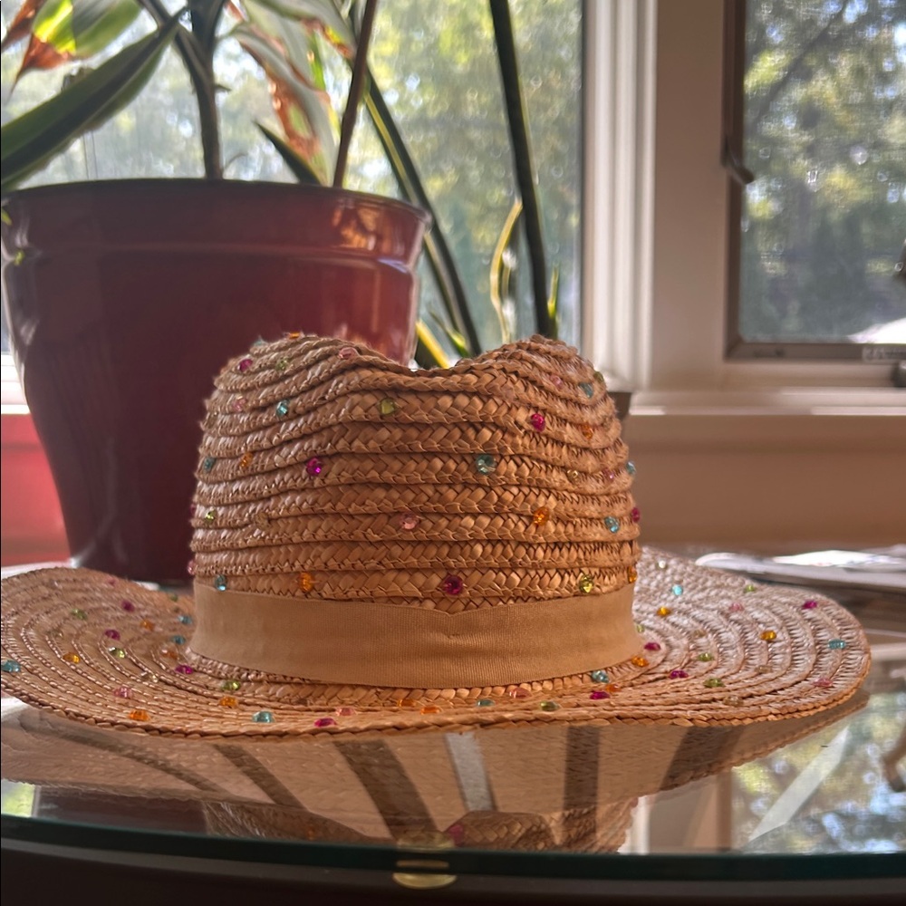Straw Beach Hat with Multicolor Rhinestones - Picture 3 of 3